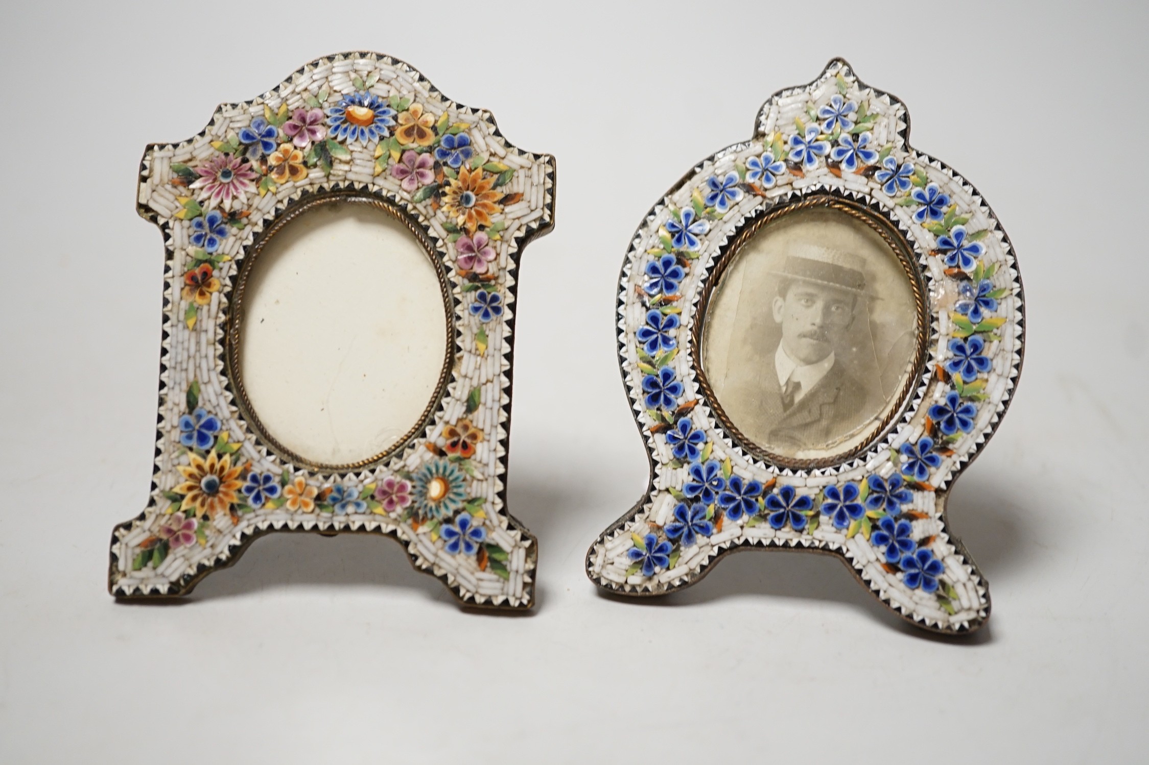 Two Italian micro mosaic photo frames. 10cm tall